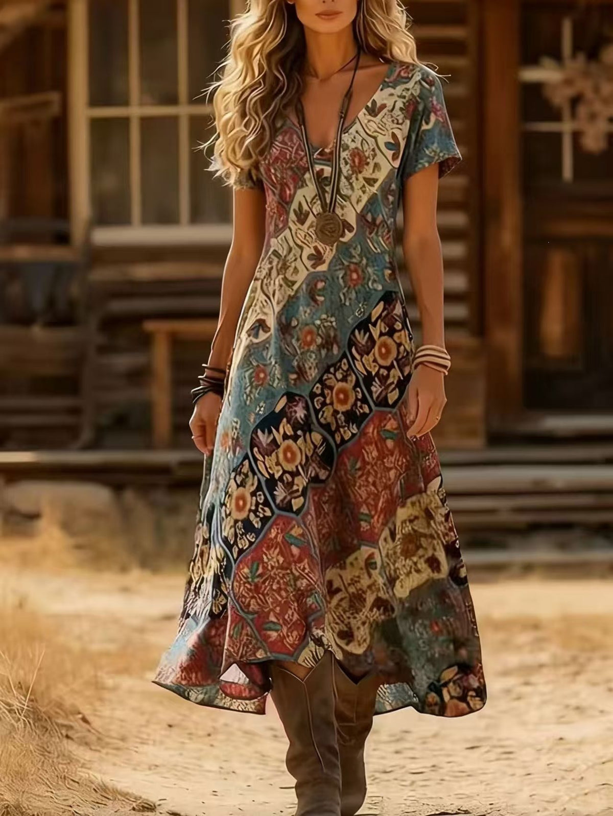 V-Ausschnitt Maxikleid mit Print – Bild 10 | LuxeStyle