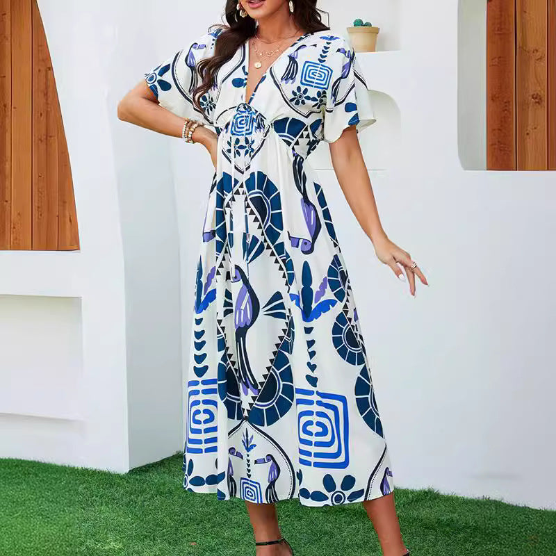 Geometrisches Maxikleid mit kurzen Ärmeln – Bild 6 | LuxeStyle