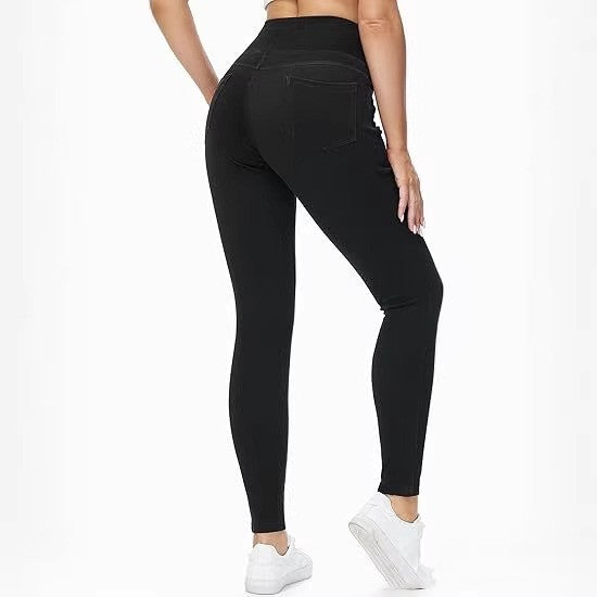 Hohe, elastische Faux-Denim-Hosen