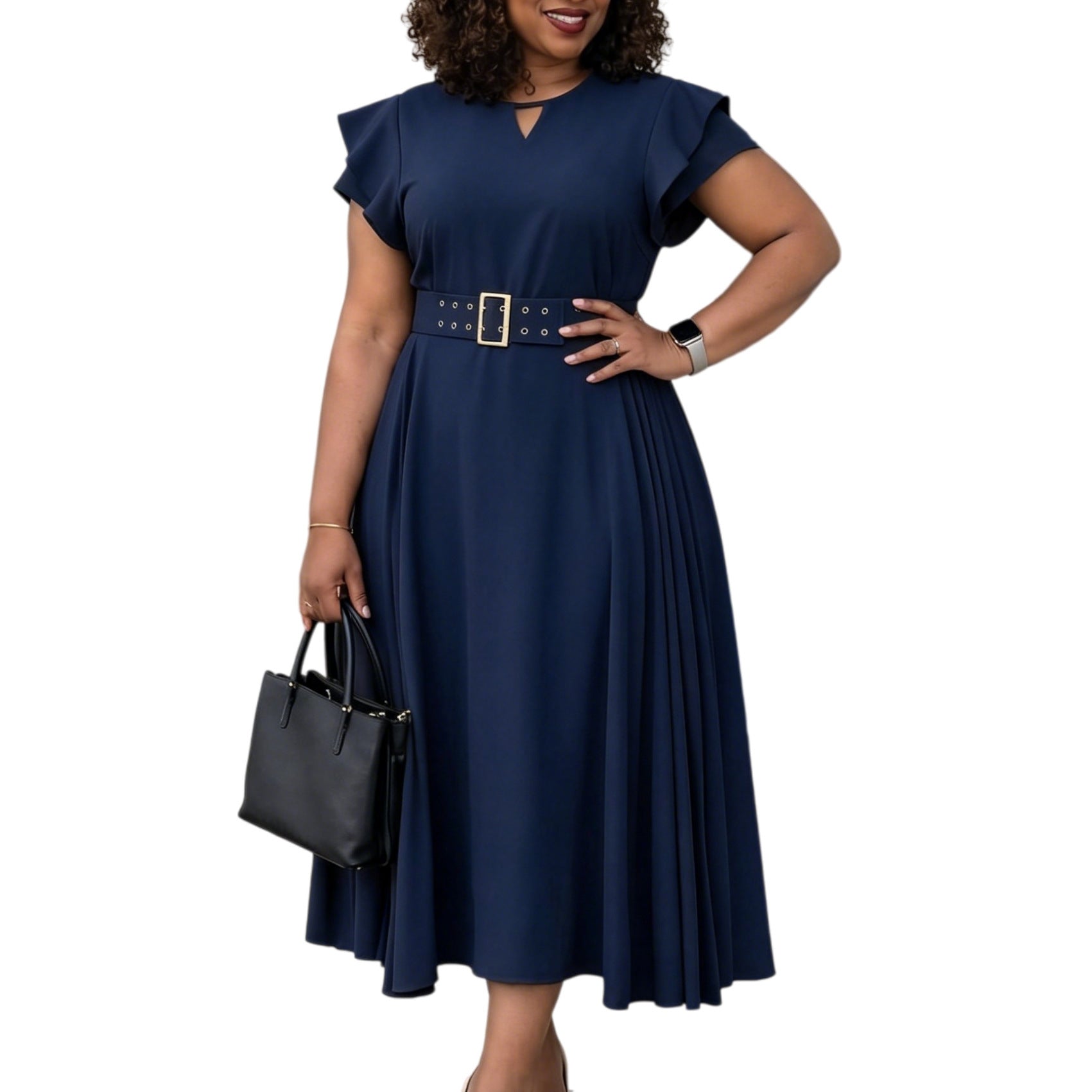 Midi-Plisseekleid mit Rüschenärmeln und Gürtel