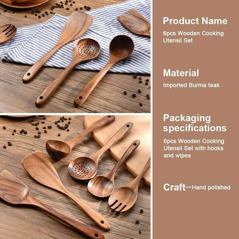 6-teiliges Kochlöffel-Set aus Teakholz