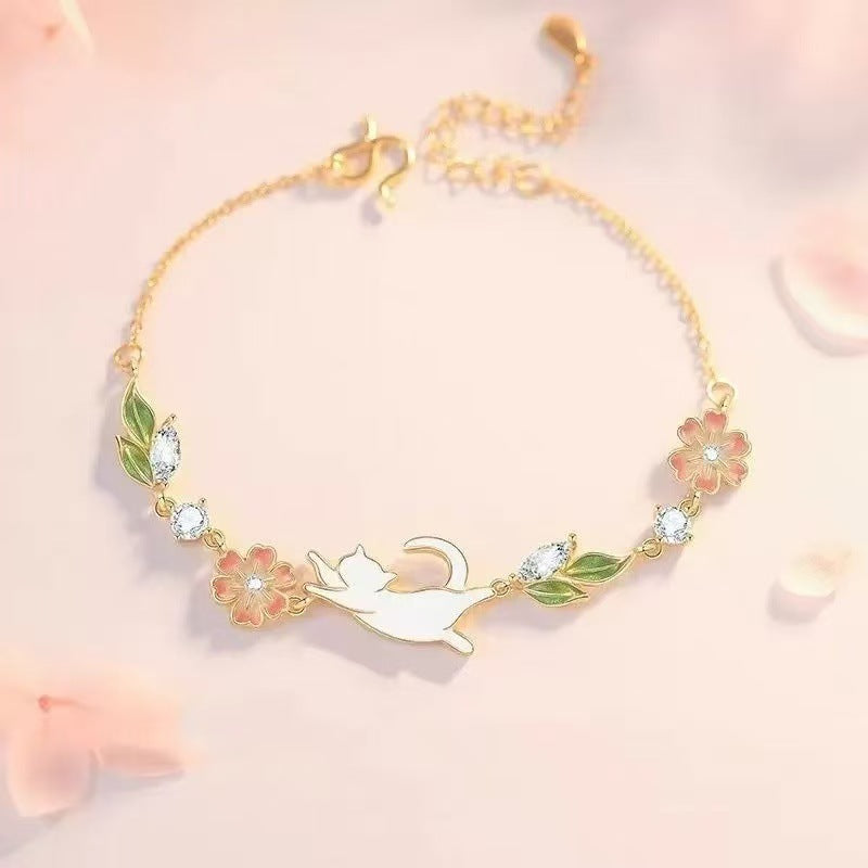 Katzen- und Blumenarmband aus 999er Silber | LuxeStyle