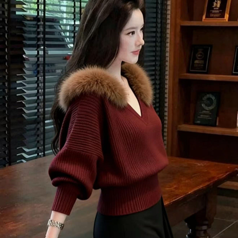 V-Ausschnitt Pullover mit Fellbesatz
