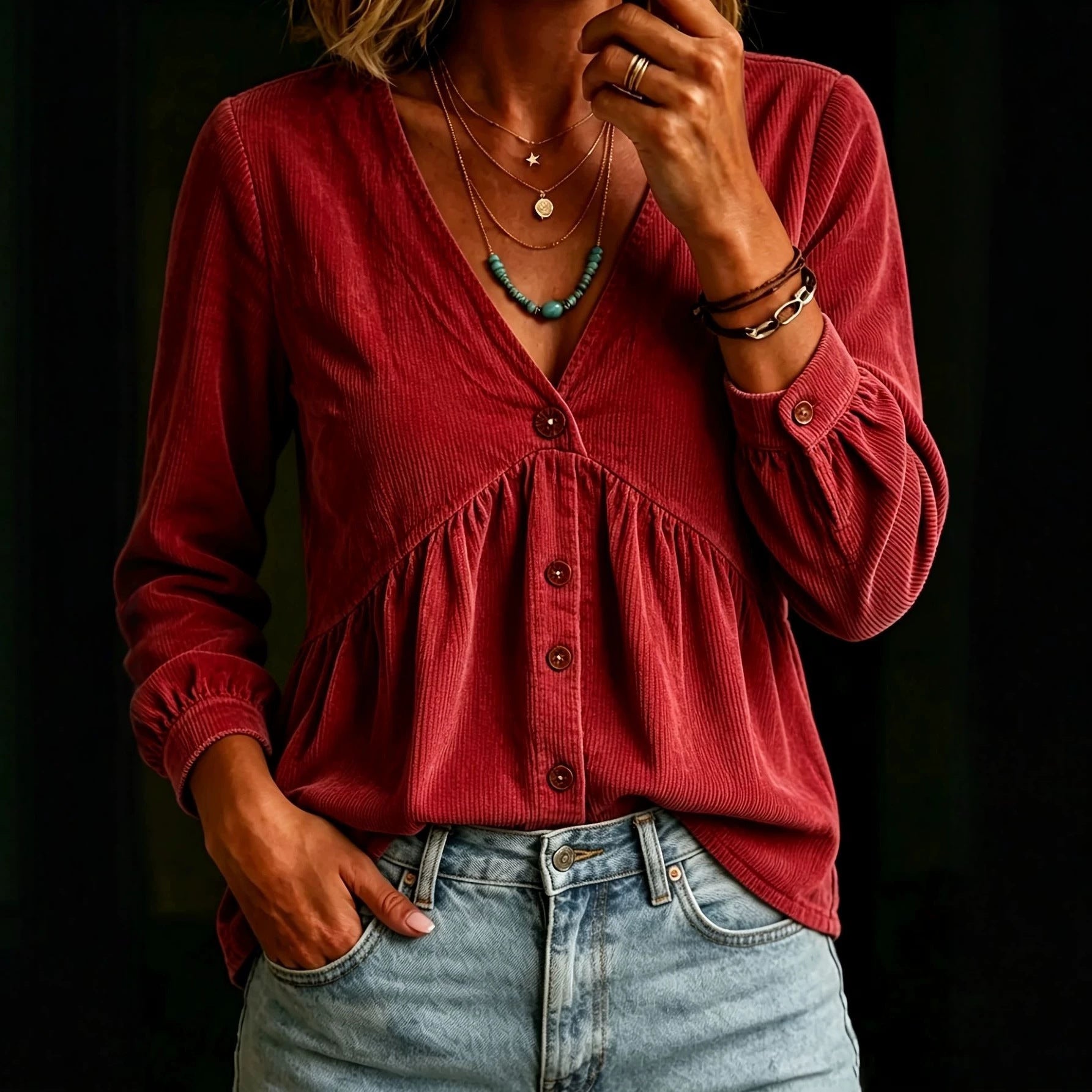 Corduroy V-neck Button-down Shirt