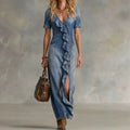 Retro Denim V-Ausschnitt Rüschenkleid – Bild 1 | LuxeStyle