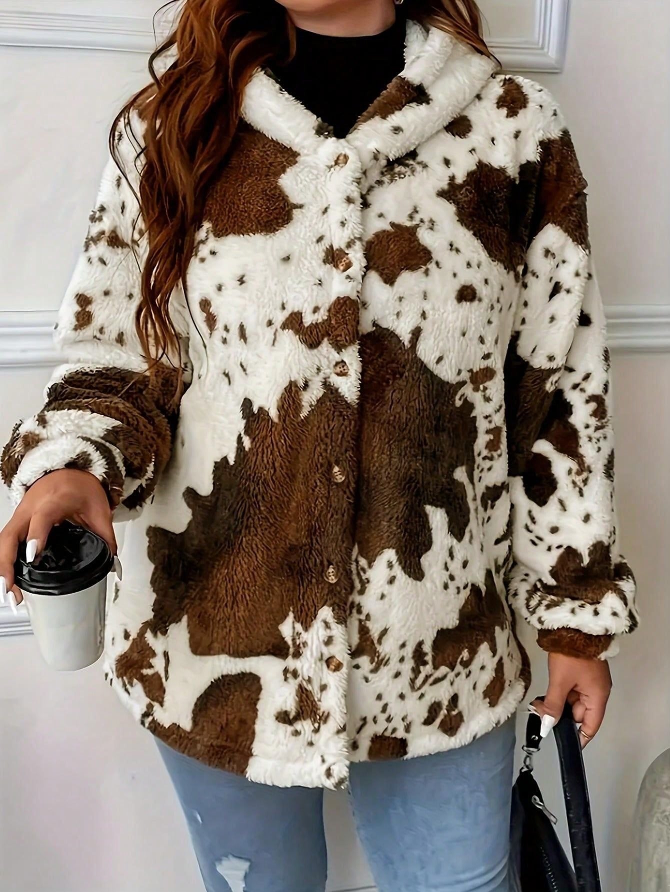 Kuhfell-Plüschjacke mit Knöpfen