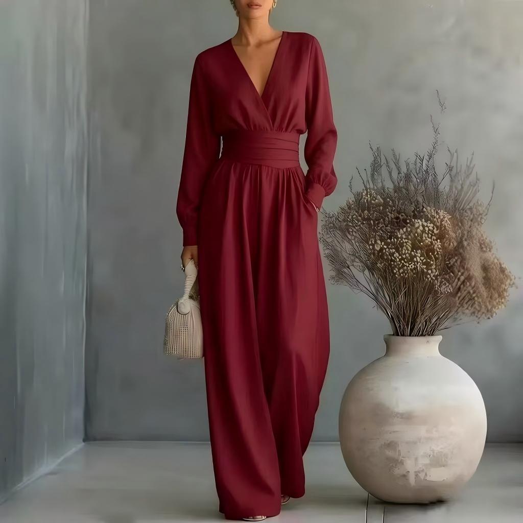 V-Ausschnitt Jumpsuit mit langen Ärmeln