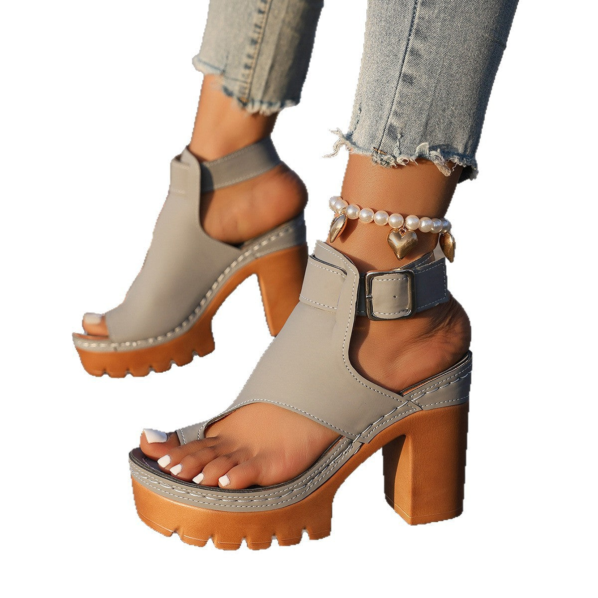 Peep-Toe Sandalen mit Chunky-Absatz