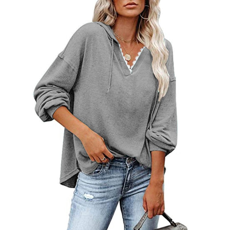 Kapuzen-Sweatshirt mit V-Ausschnitt und Spitze