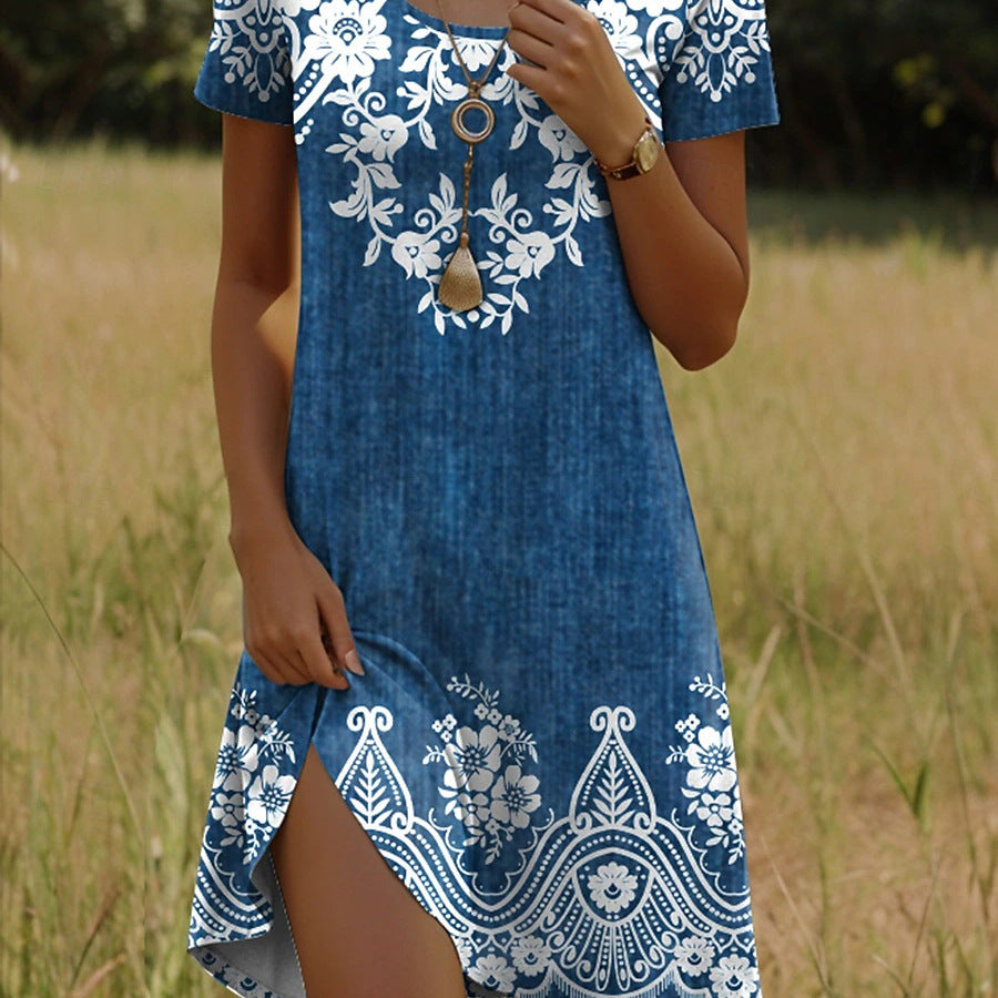 Gepunktetes Blumen Midikleid mit Rundhals – Bild 18 | LuxeStyle