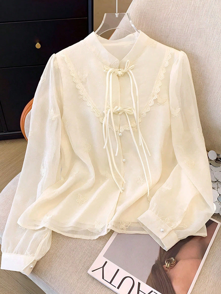 Besticktes Langarm-Shirt mit Stehkragen – Bild 7 | LuxeStyle
