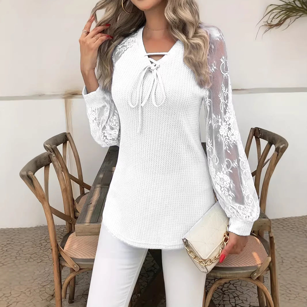 Elegantes V-Neck Langarm-Top mit Spitze