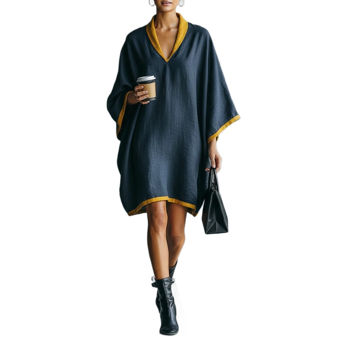 Leinen-Mix V-Ausschnitt Kleid mit Fledermausärmeln – Bild 5 | LuxeStyle