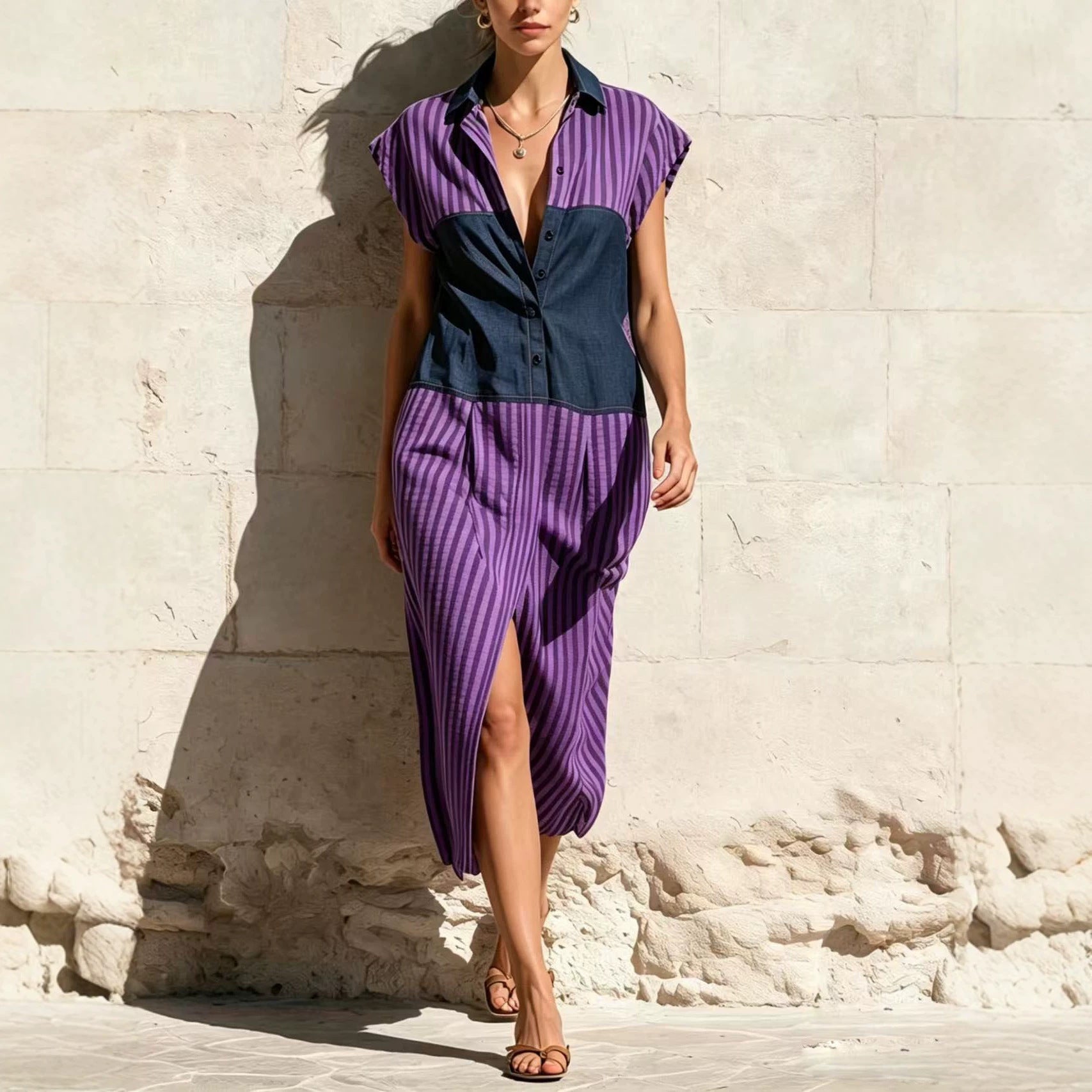 Gestreiftes Patchwork Hemdkleid mit Schlitz