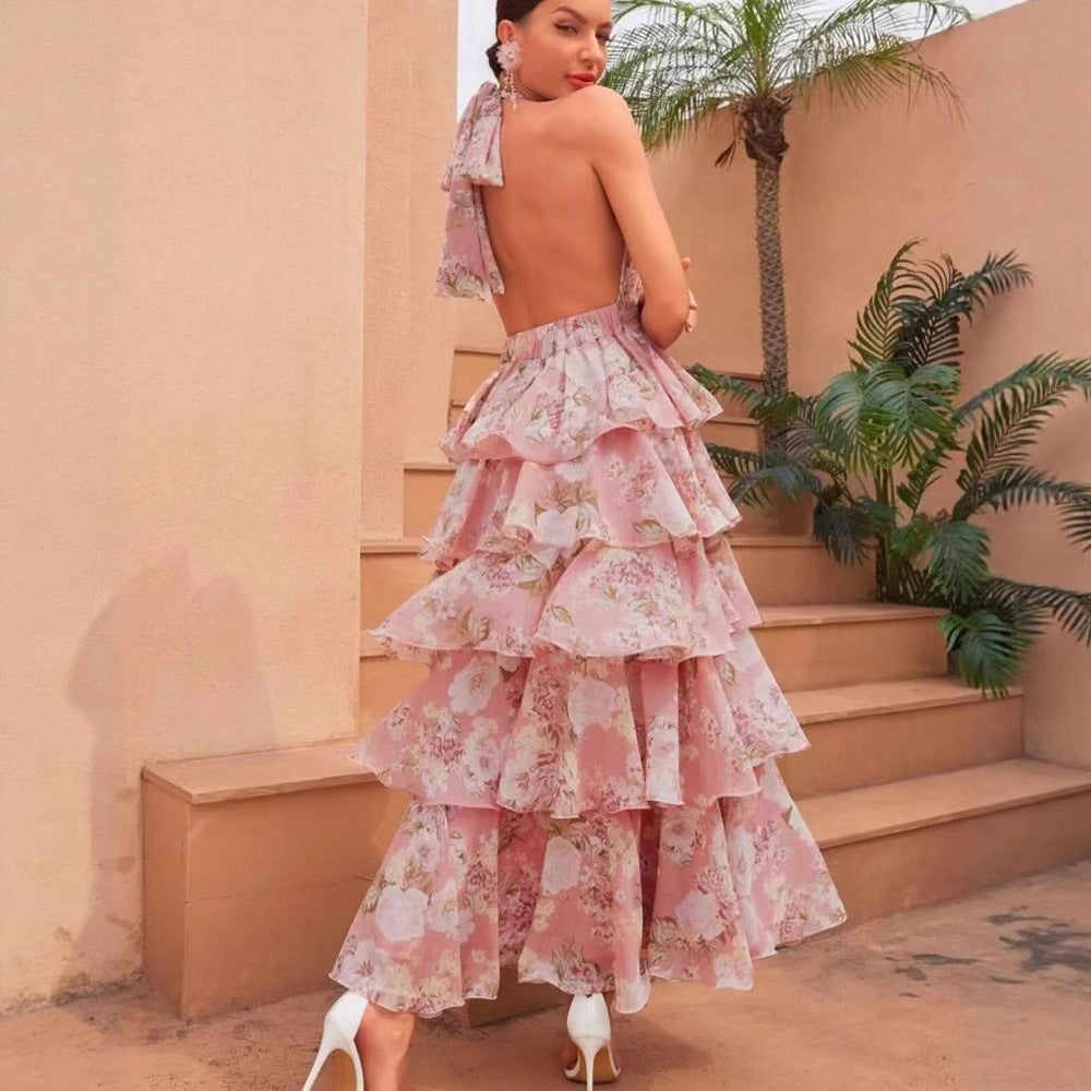 Damen V-Ausschnitt Träger Mehrlagiges Bedrucktes Kleid | LuxeStyle