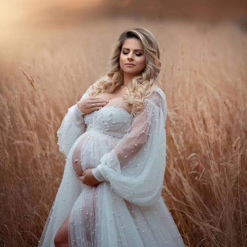 Umstands-Maxikleid mit Schnürung & Perlen – Bild 6 | LuxeStyle