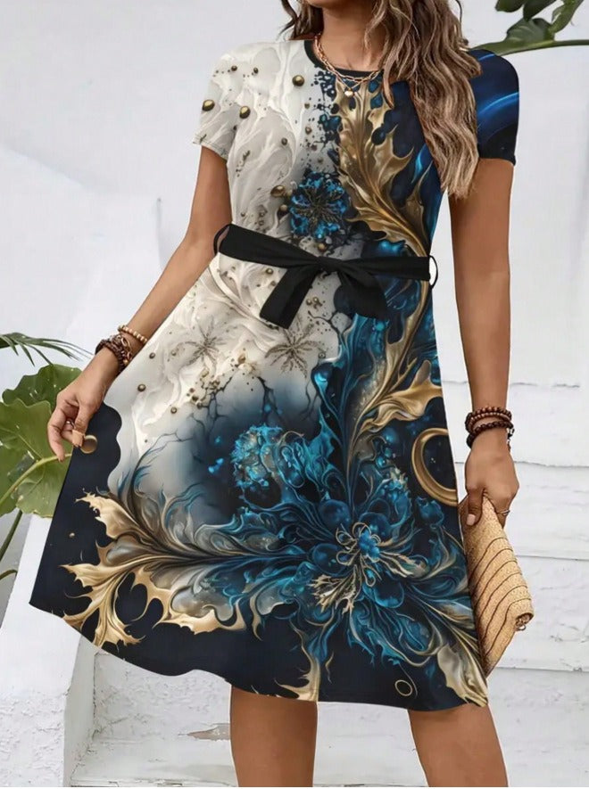 Sommerkleid «Fleur Noir» · Blumen-Print, Midi mit Bindegürtel