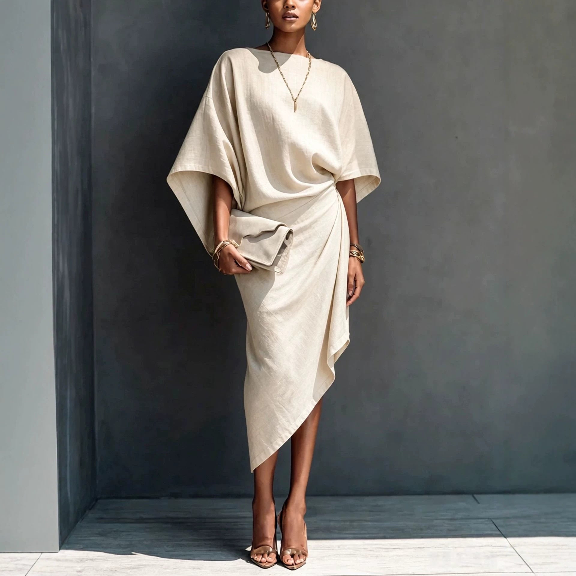 Weiten-sitzendes Batwing-Midi-Rockkleid asymmetrisch
