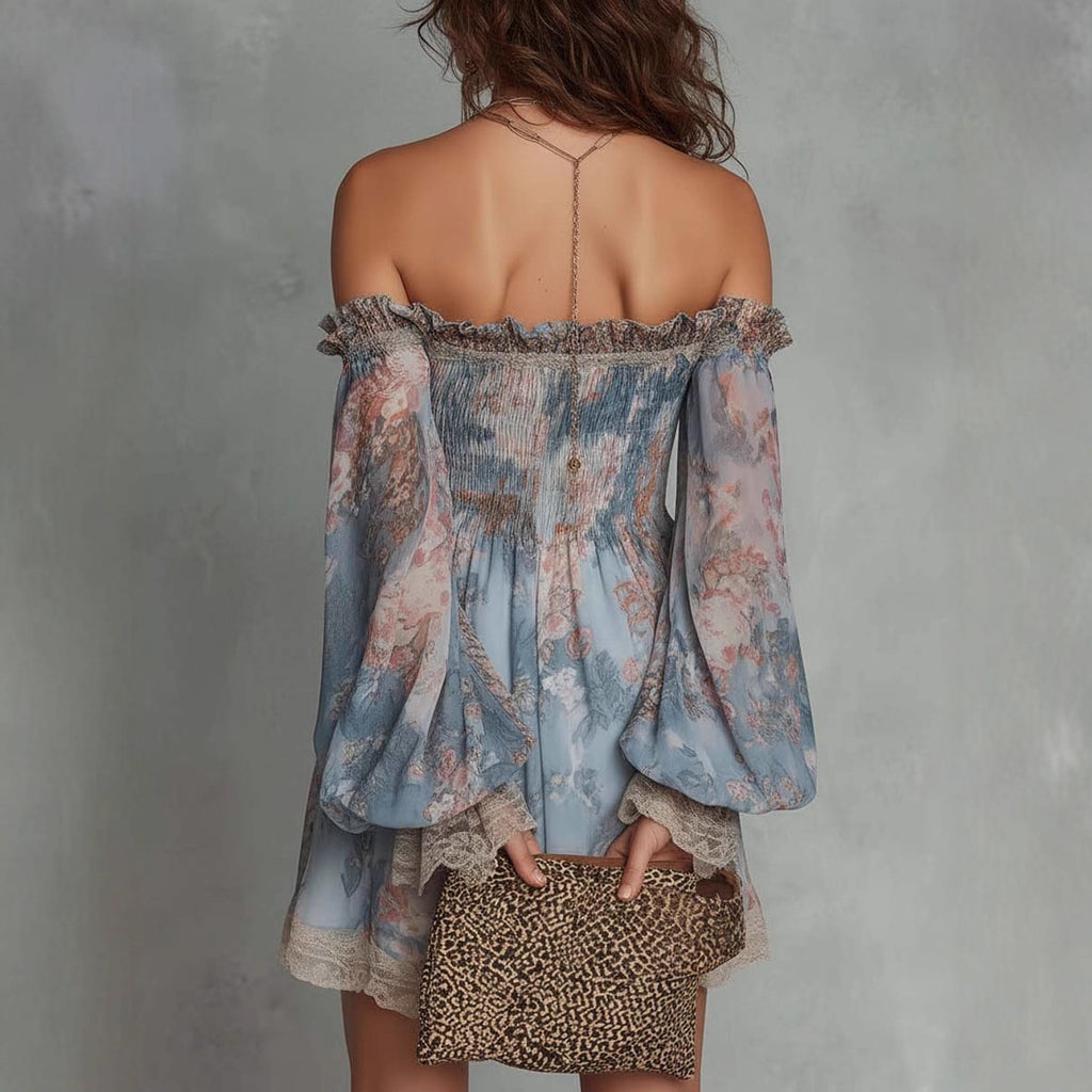 Damen Off-Shoulder Spitzenkleid mit Print