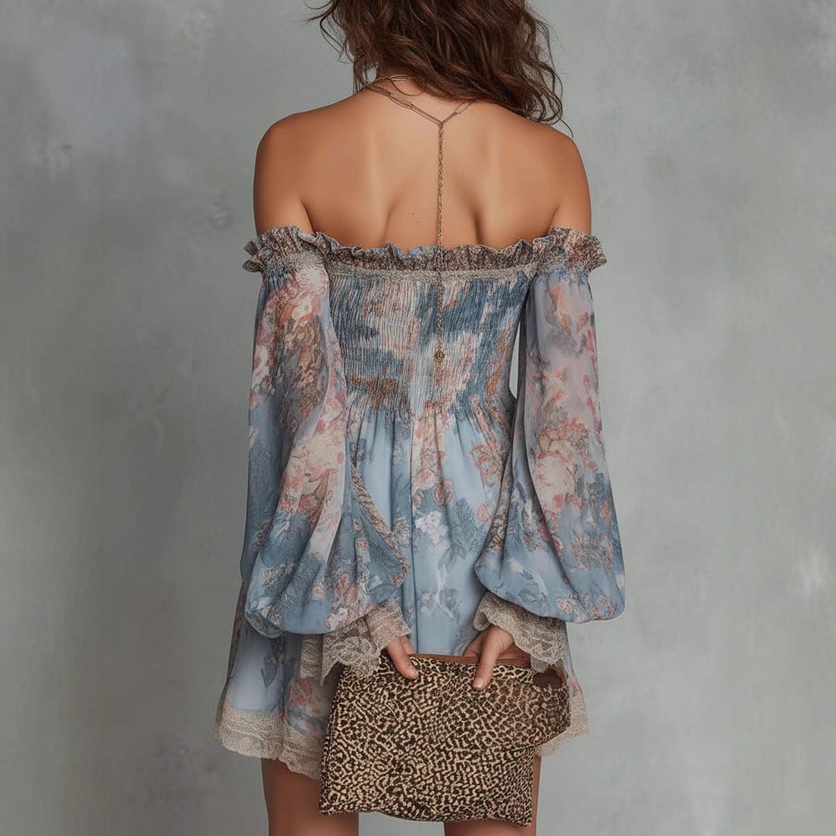 Damen Off-Shoulder Spitzenkleid mit Print