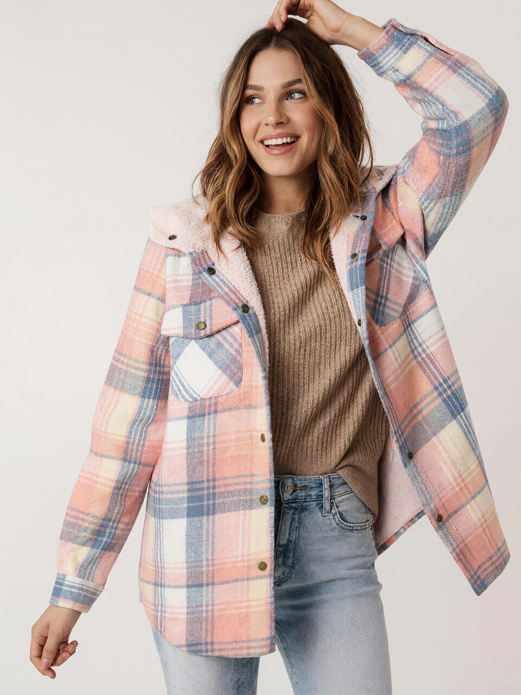 Karierte Fleece-gefütterte Kapuzenjacke für Damen