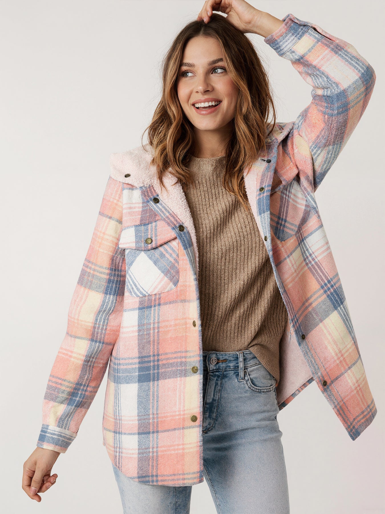 Karierte Fleece-gefütterte Kapuzenjacke für Damen