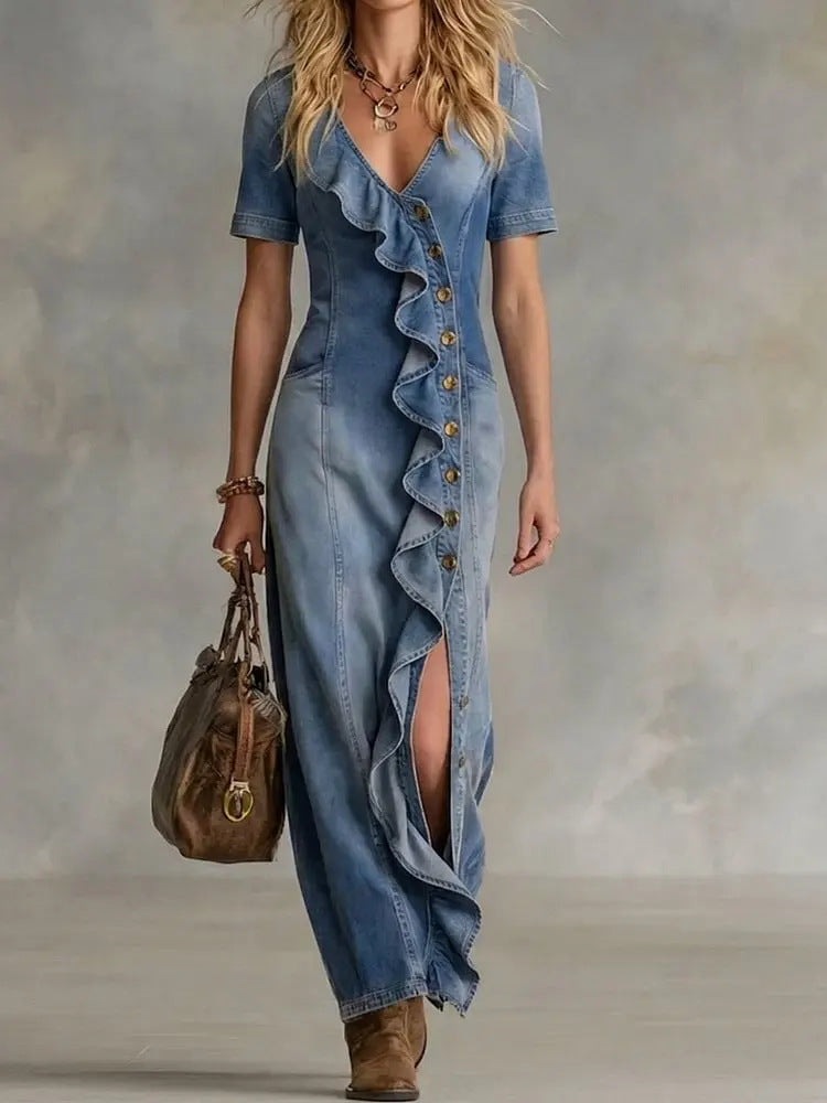 Retro Denim V-Ausschnitt Rüschenkleid – Bild 5 | LuxeStyle