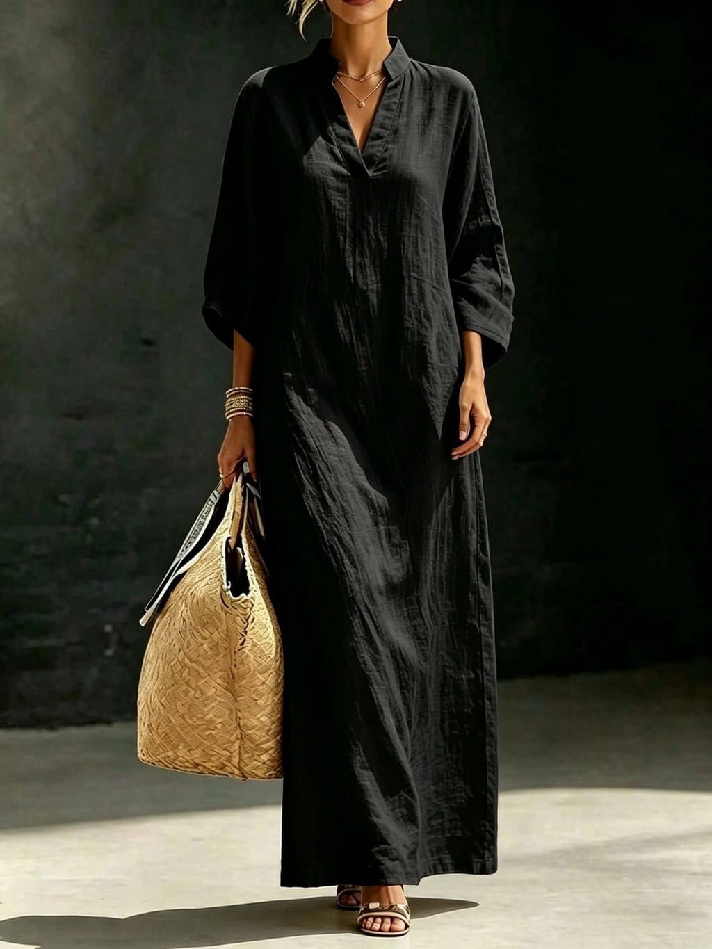 Stehkragen-Kleid mit 3/4-Ärmeln