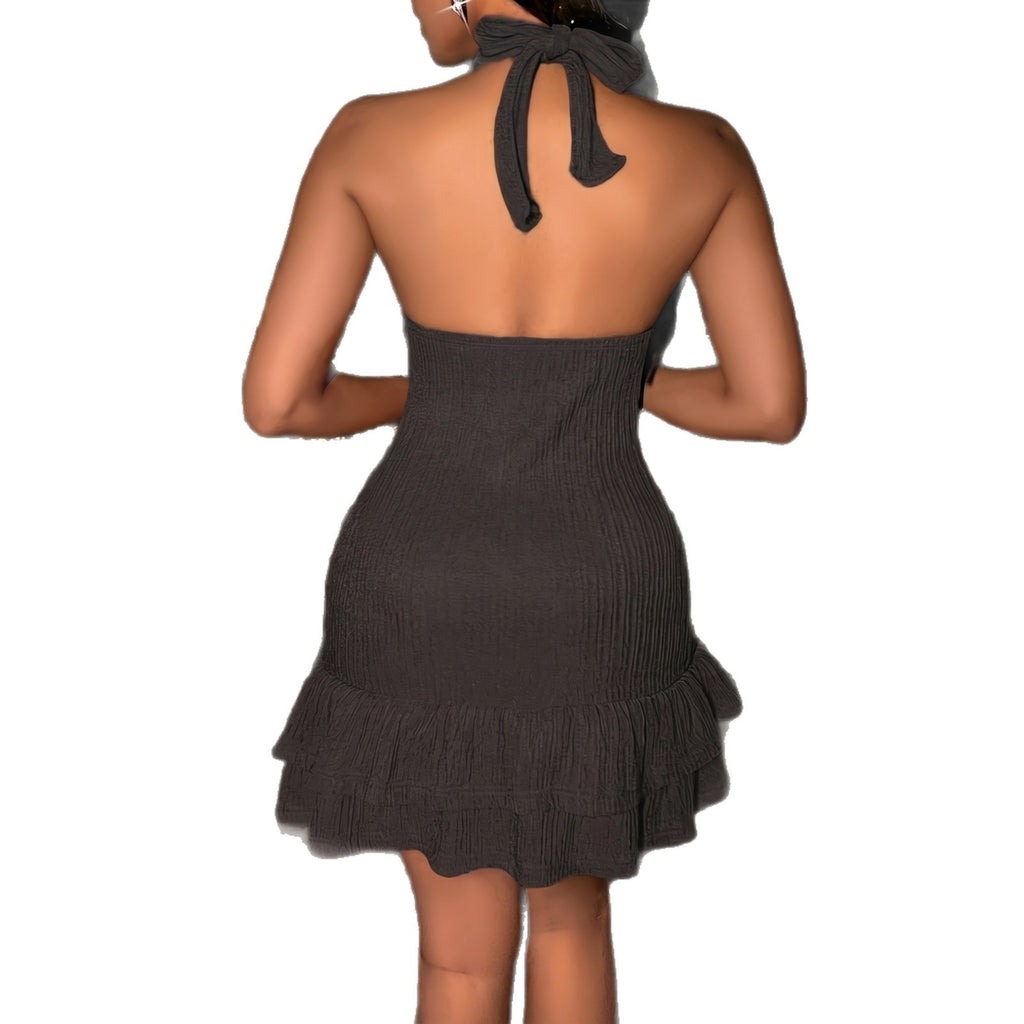 Halterneck V-Ausschnitt Kleid mit Rüschensaum – Bild 3 | LuxeStyle