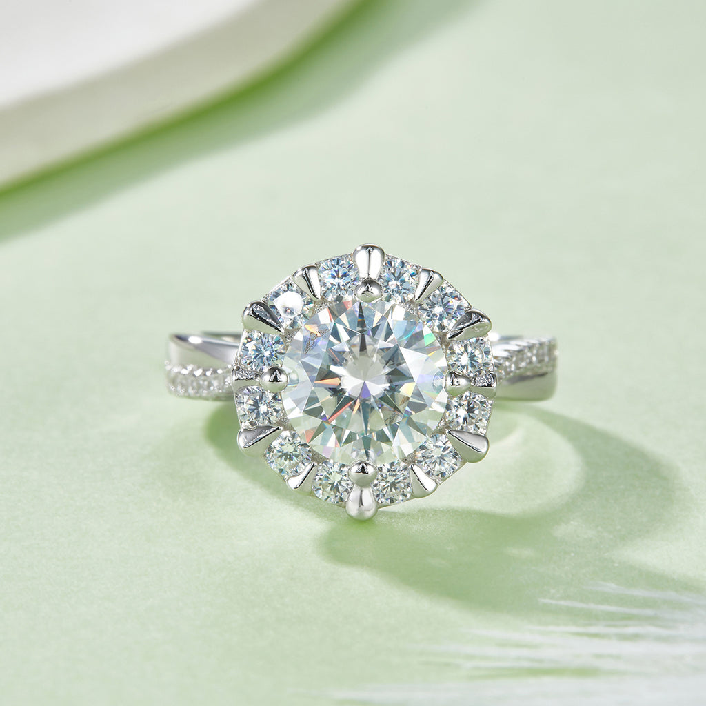 Moissanit-Ring S925 Silber, Sonnenblumen-Halo, Platin
