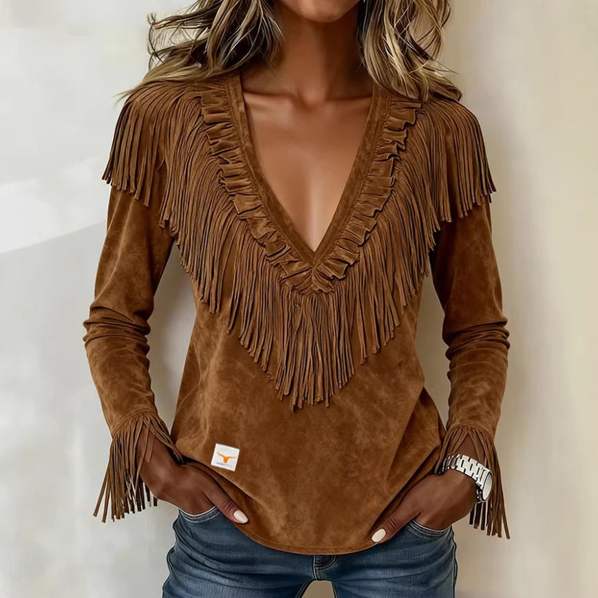 Damenbluse aus Wildlederimitat mit V-Ausschnitt – Bild 6 | LuxeStyle