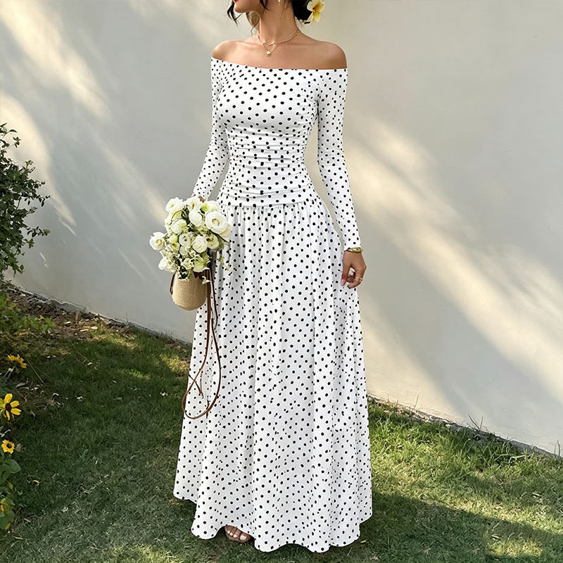 Off-Shoulder Polka-Dot Maxikleid