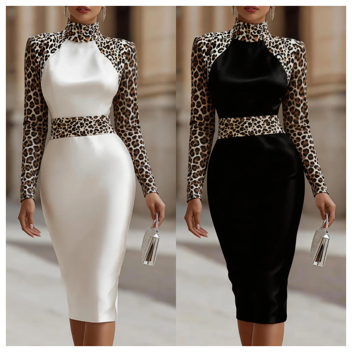 Midi-Kleid mit Hochkragen und Taillebetonung