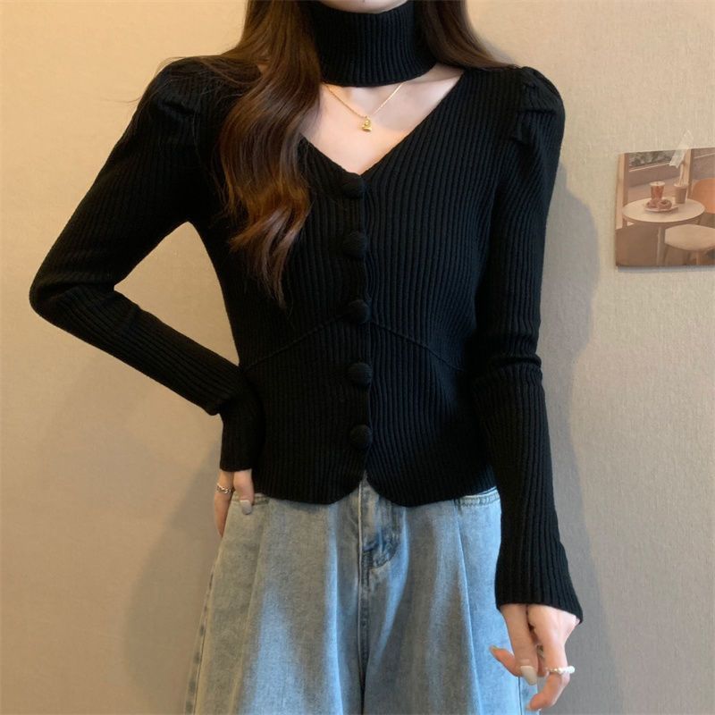 V-Ausschnitt Strick-Top mit Puffärmeln