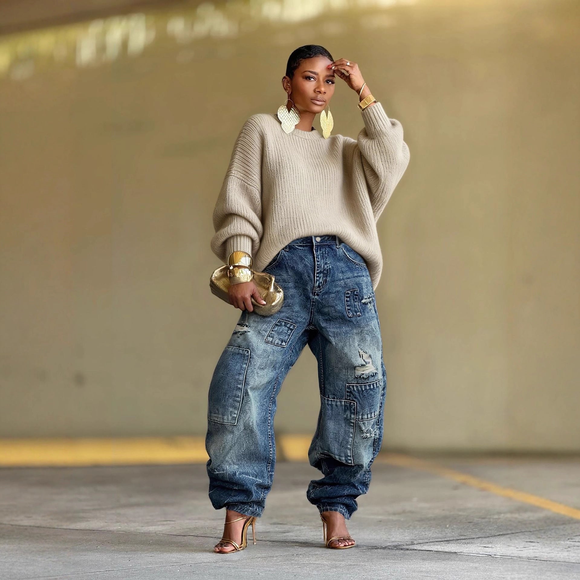 Distressed Patchwork Jeans im Street Style