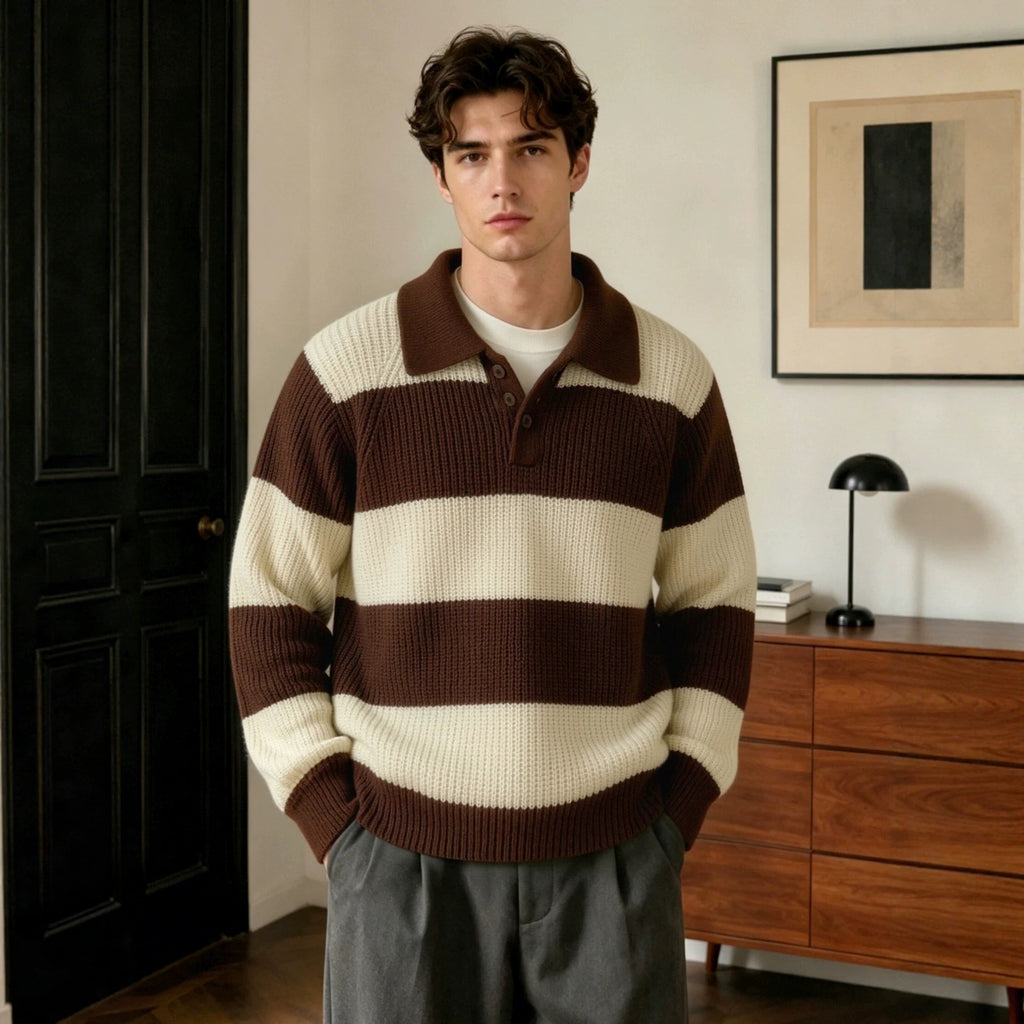 Herren Weit Schnitt Streifen-Lapel Pullover