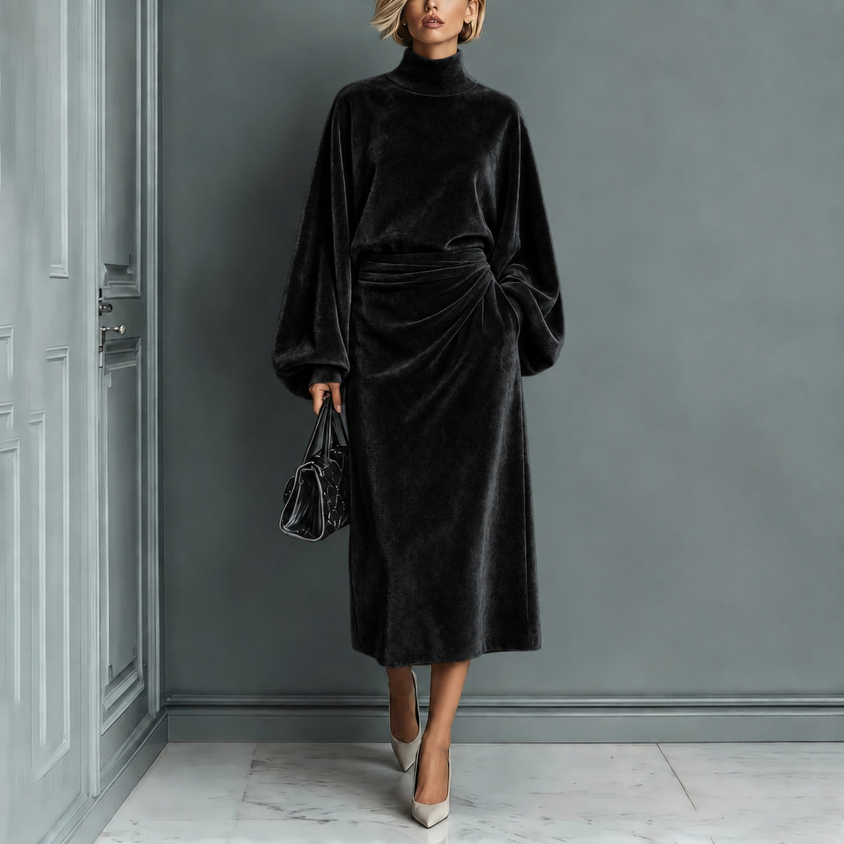 Langärmliges Rollkragenkleid mit A-Linen Rock – Bild 5 | LuxeStyle