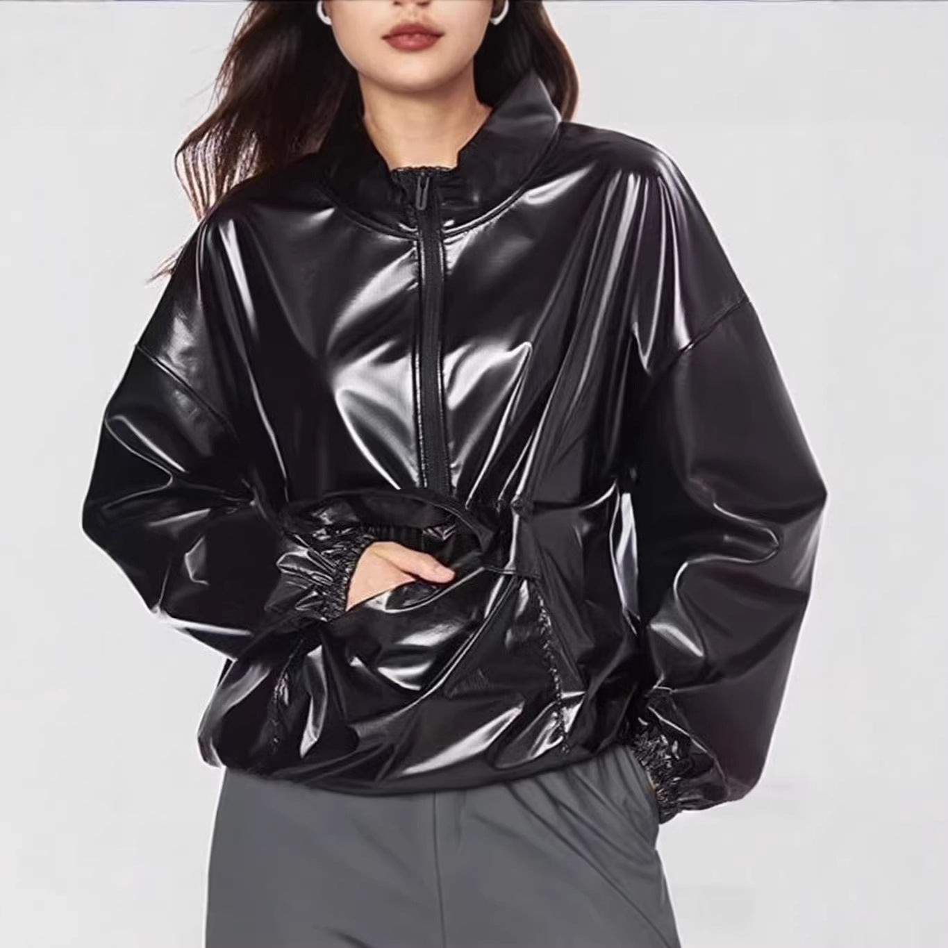 PU Faux Leder Hoodie mit Stehkragen – Ansicht 4