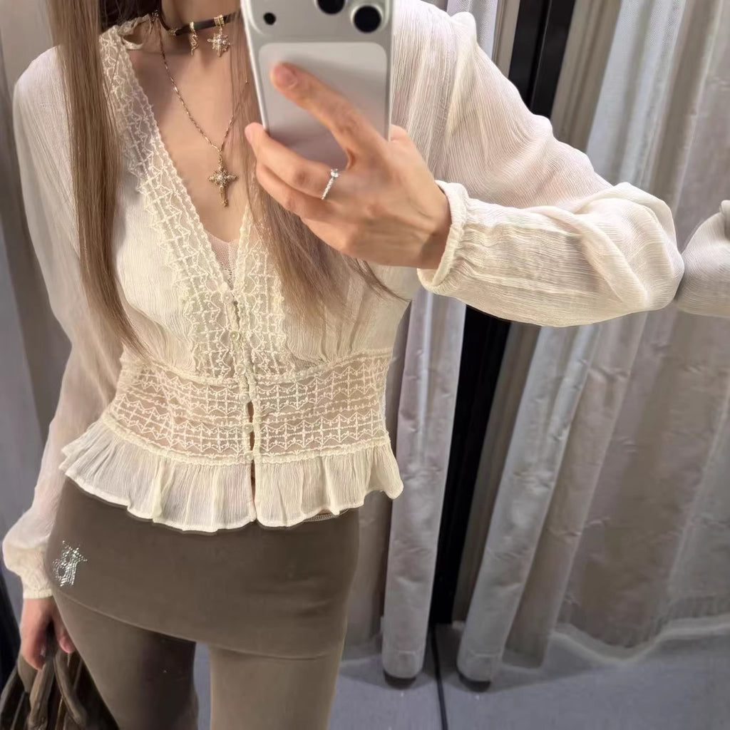 Elegantes Spitzen-Tulle-Shirt in Aprikose – Bild 3 | LuxeStyle