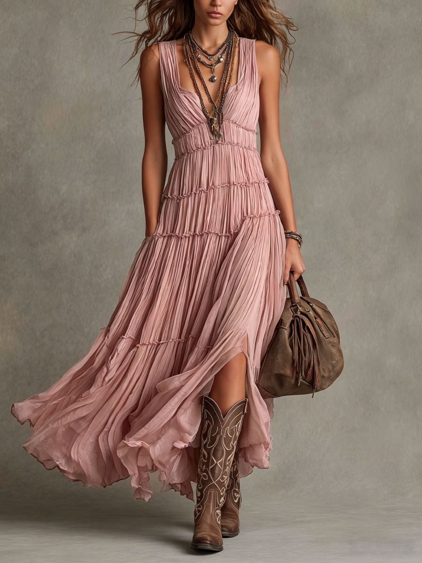 Ärmelloses Plissee-Kleid mit Rundhals