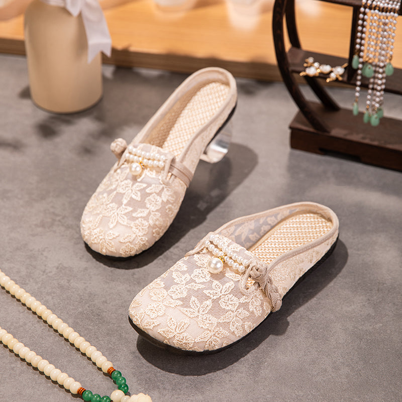 Sommer Mesh-Mules mit Perlen-Schnalle