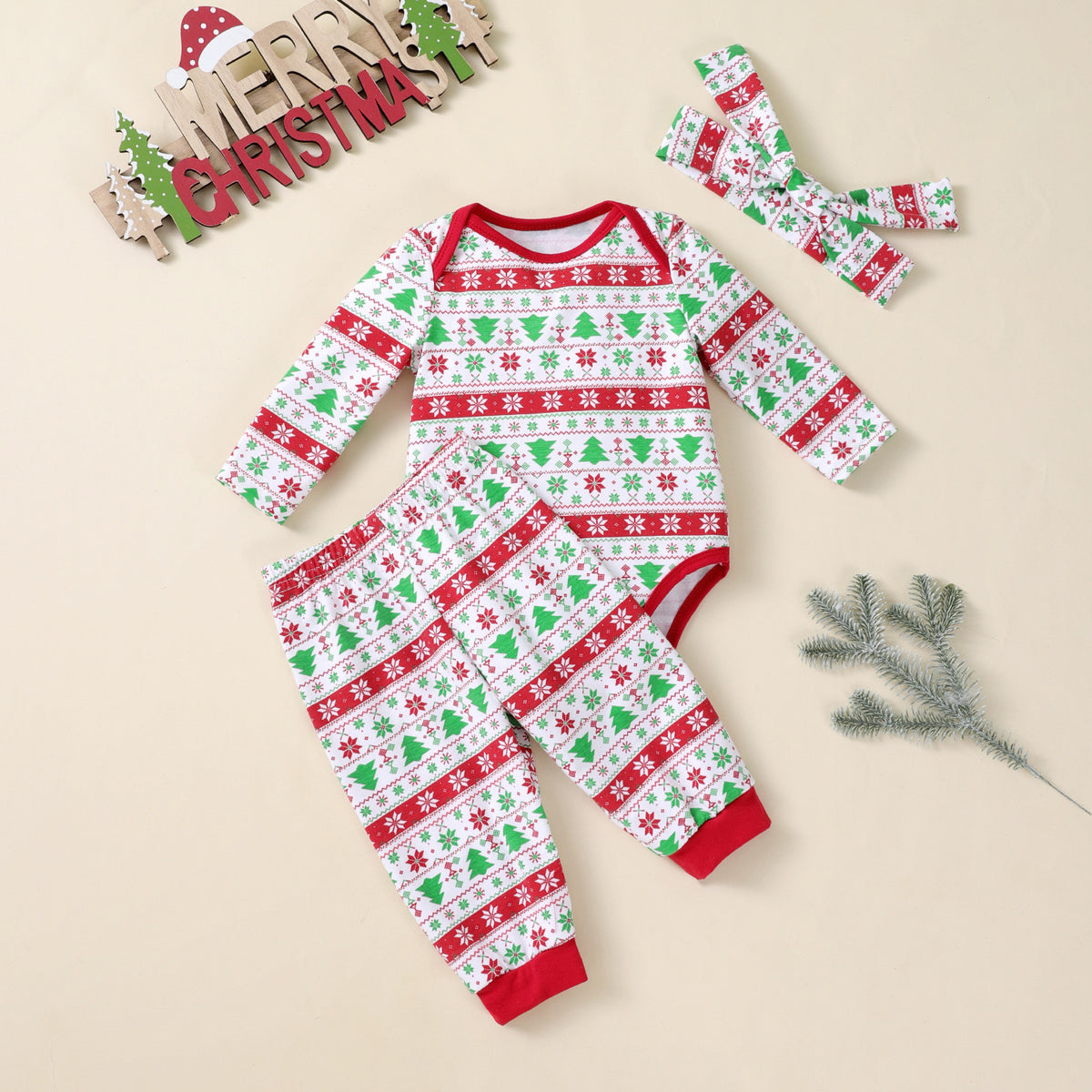 Weihnachtsbaum-Print Body mit Hose und Mütze · 3 Stück – Bild 7 | LuxeStyle