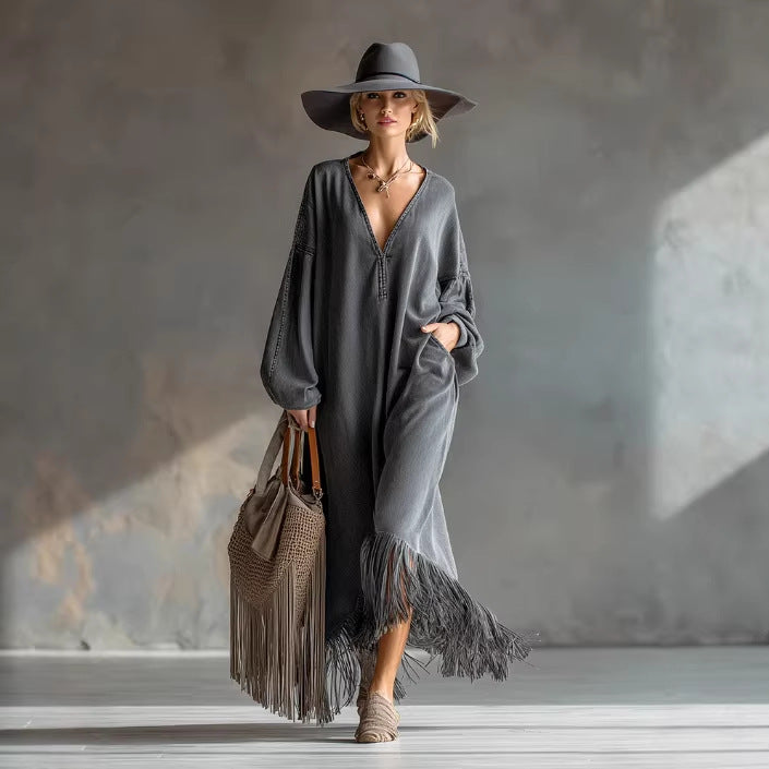 Graues Denim-Kleid mit Fledermausärmeln – Bild 2 | LuxeStyle