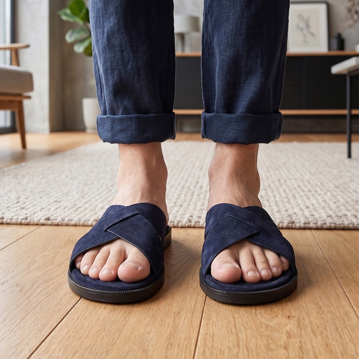 Herren Suede Pantoletten mit Kreuzriemen