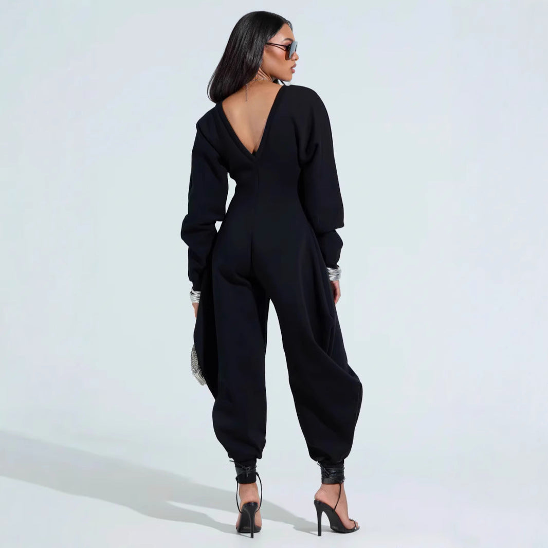 Bodycon Jumpsuit mit V-Ausschnitt und langen Ärmeln