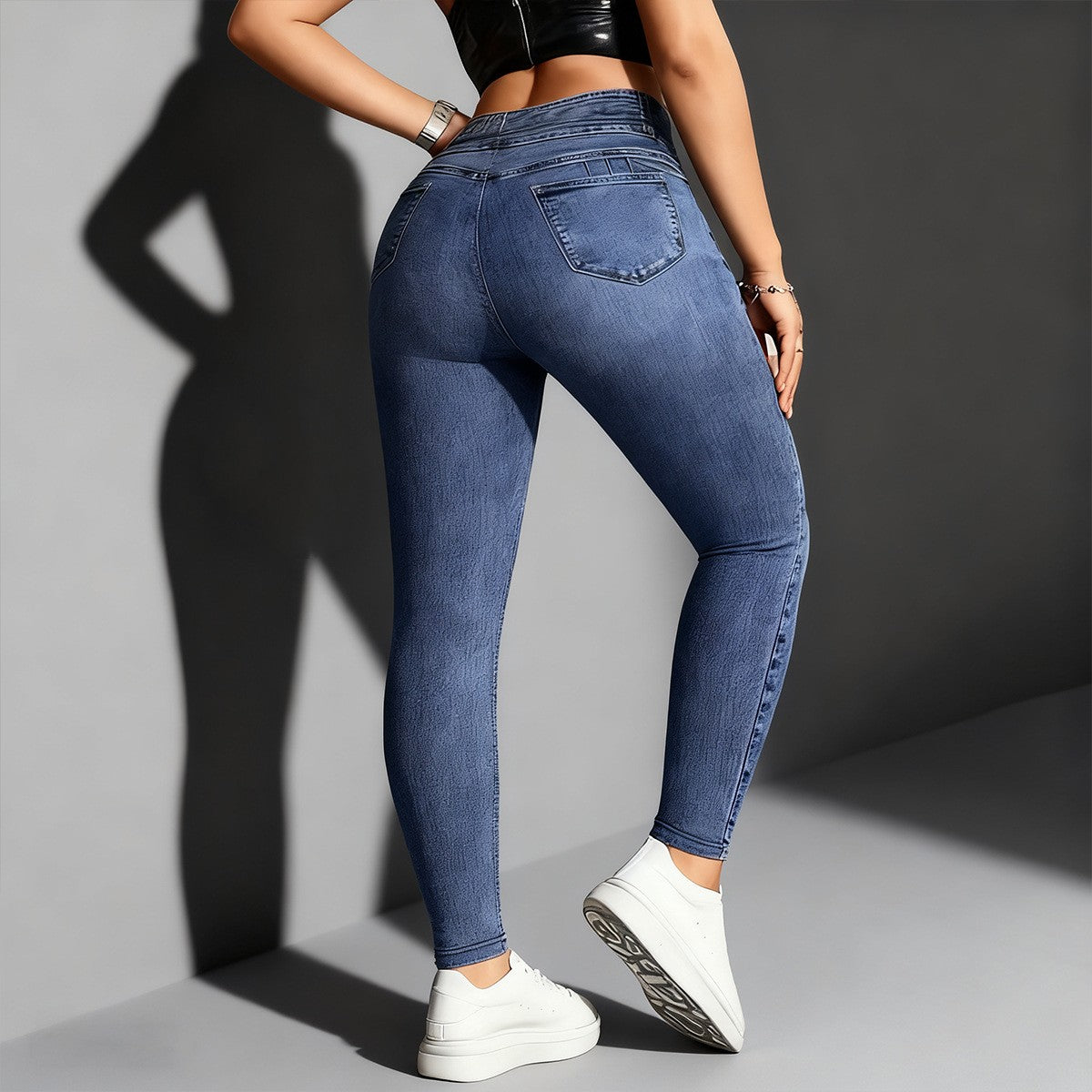 Denim-Look Leggings mit hohem Bund