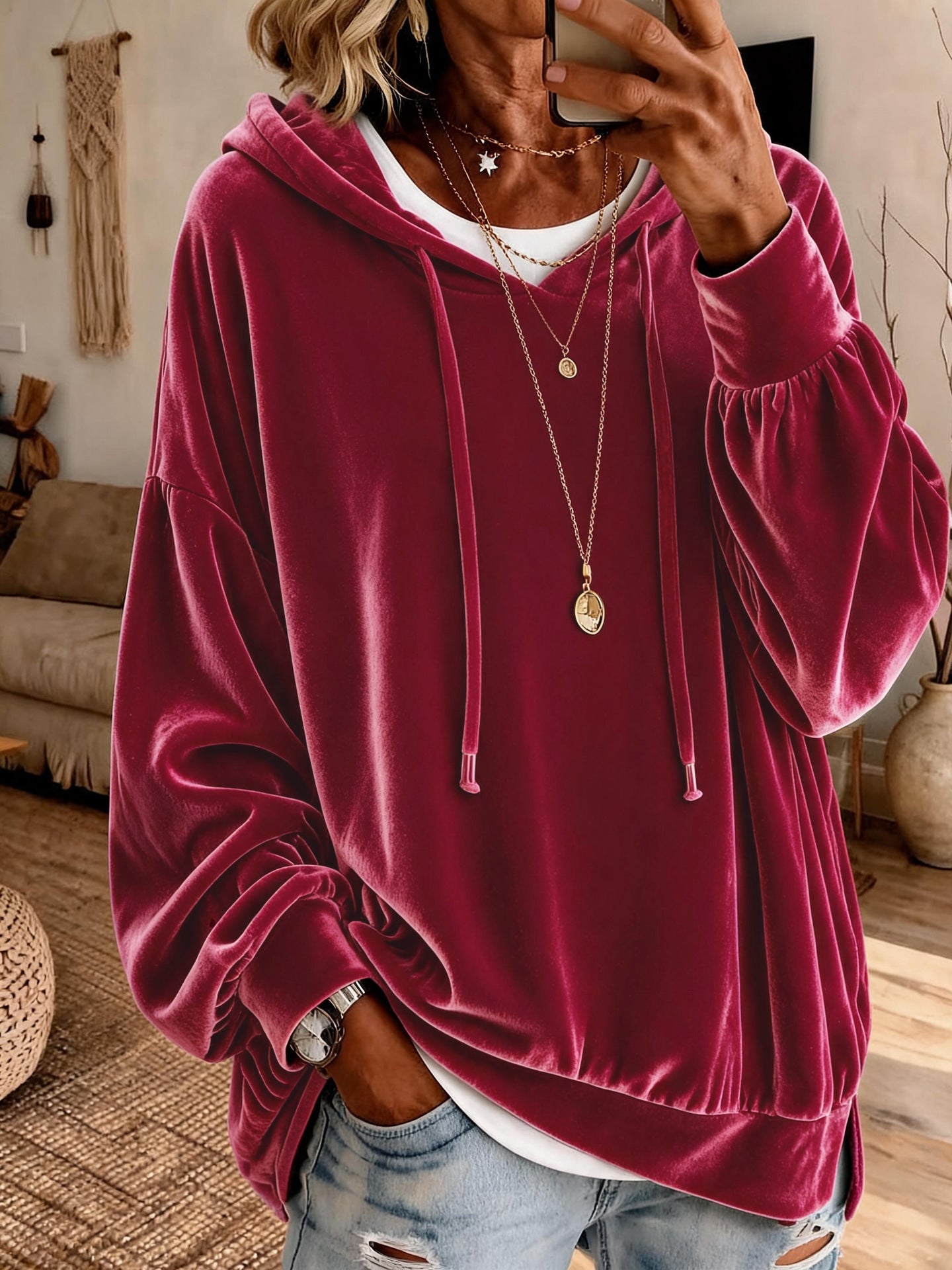 Samt-Hoodie mit Laternenärmeln