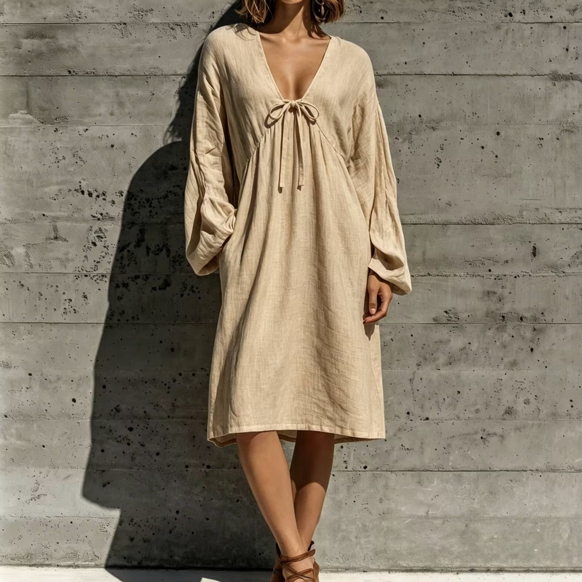 V-Ausschnitt Schnürkleid aus Baumwoll-Leinen