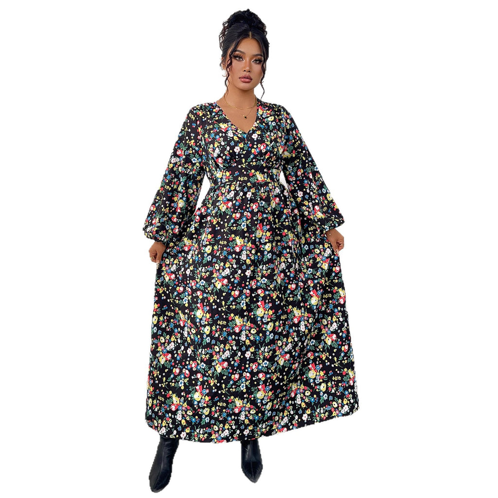 Bedrucktes V-Ausschnitt Maxikleid mit hoher Taille