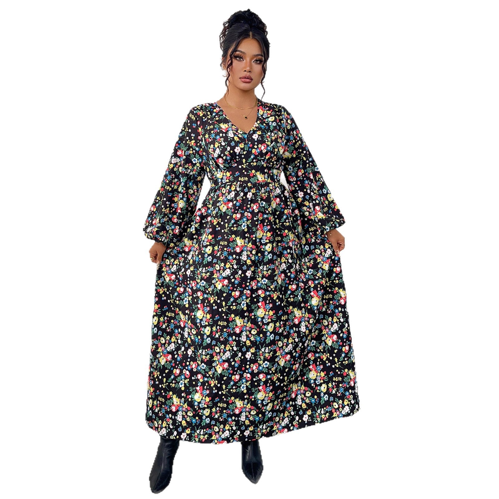 Bedrucktes V-Ausschnitt Maxikleid mit hoher Taille